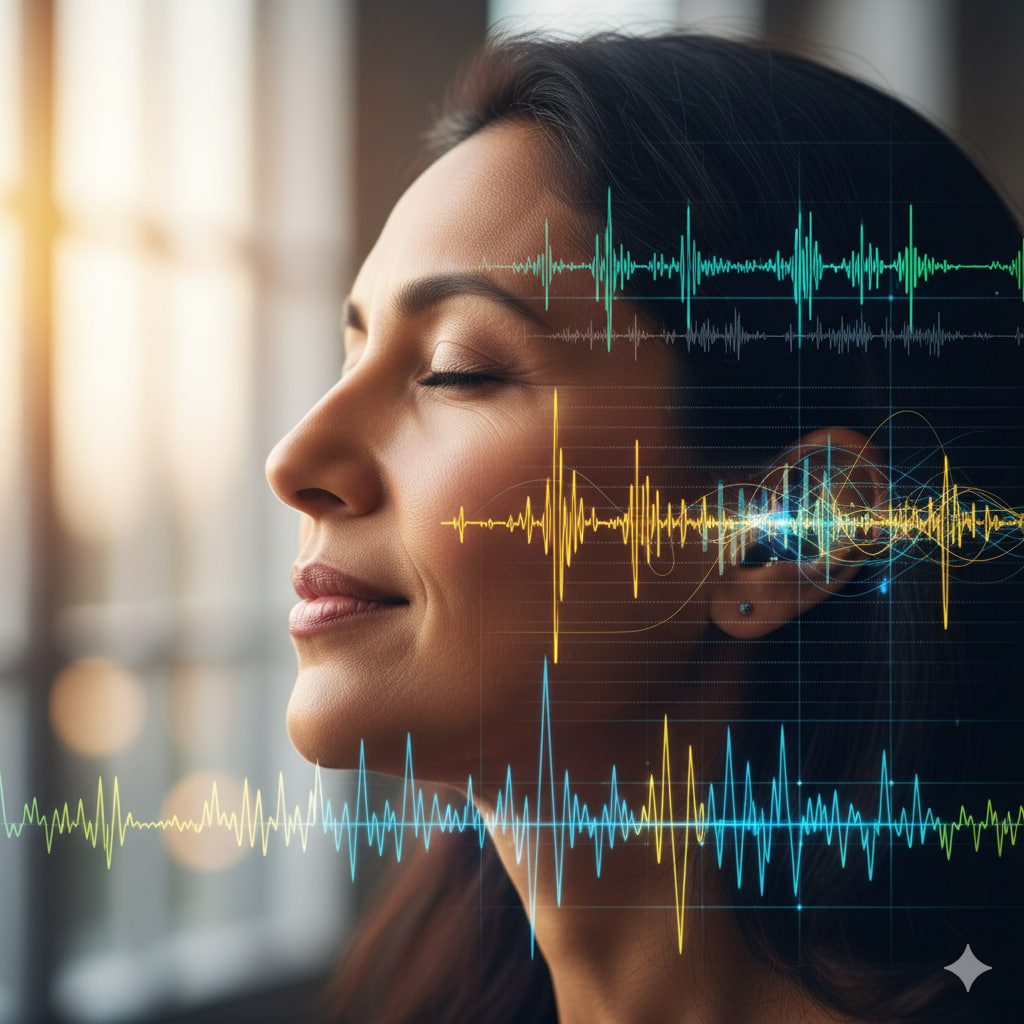 Hearing Test Devices Toronto | Conceptual image symbolizing Tinnitus Relief and restored balance with a person in a calm setting, representing the return to quiet and improved hearing clarity.